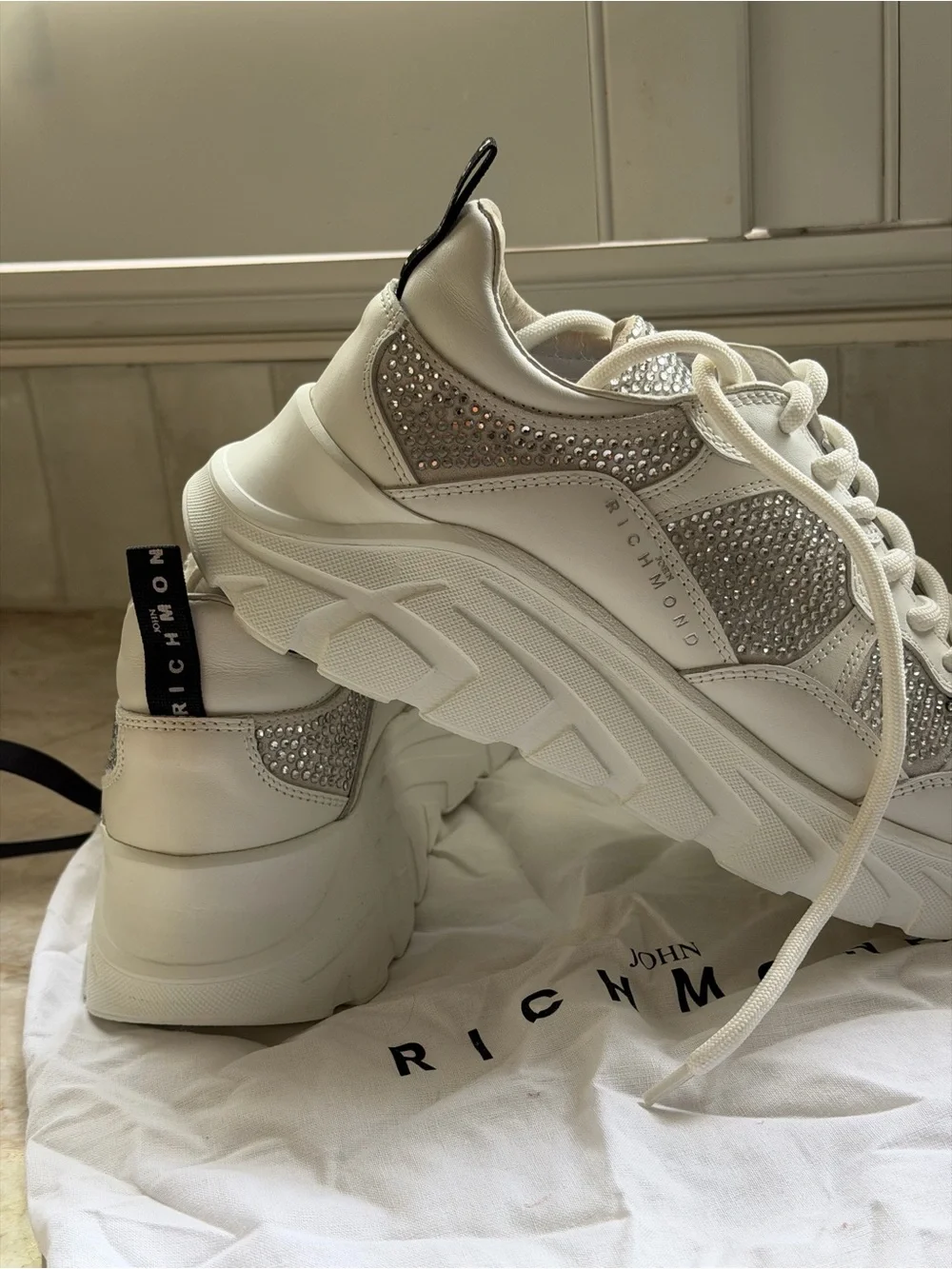 John Richmond White Sneakers with Silver Crystal Panels